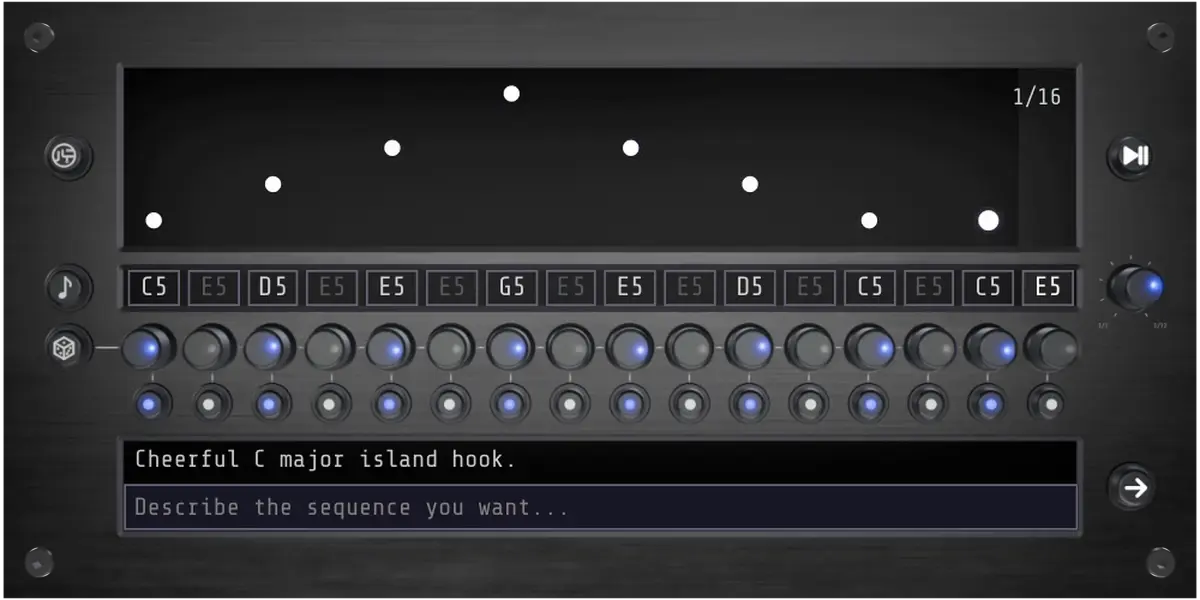 Sequoia plugin interface with a prompt field and a 16-step sequencer.
